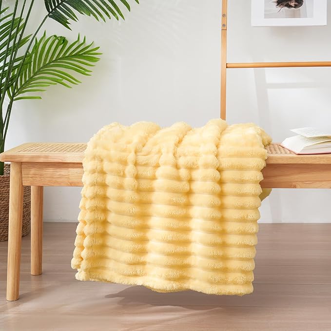 Vessia Flannel Fleece Light Yellow Twin Blanket(60x80inch), 300GSM Striped Blanket for Adults and Kids, Super Soft Warm Cozy Lightweight Home Decor for All-Season