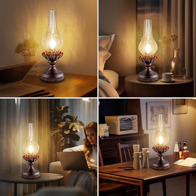 Vintage Table Lamp | Touch Control & 3-Way Dimmable Rustic Retro Farmhouse Bedside Lamp with Clear Glass Shade and LED Bulb for Bedroom, Living Room, Cabin, Office