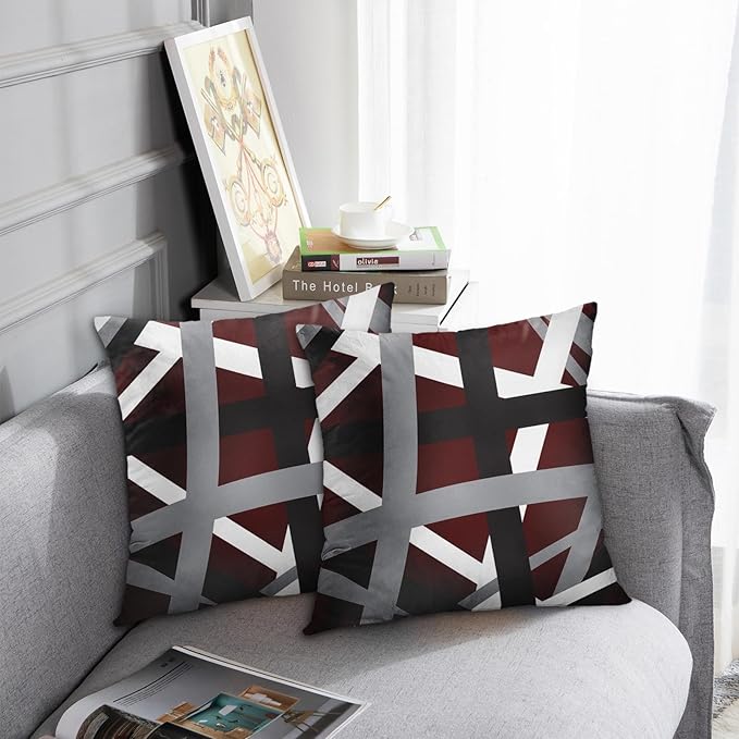 Emvency Set of 2 Throw Pillow Cover Burgundy Red Black Stripes Grey White Design Retro Decorative Pillow Case Striped Home Decor Square 18x18 Inch Cushion Pillowcase
