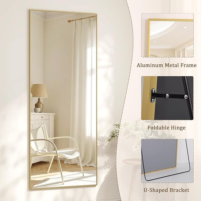56" x 21" Full Length Mirror with Stand, Standing/Leaning/Wall Mounted Full Body Floor Mirror for Bedroom, Living Room, Entryway, Cloakroom with Aluminum Alloy Frame Gold