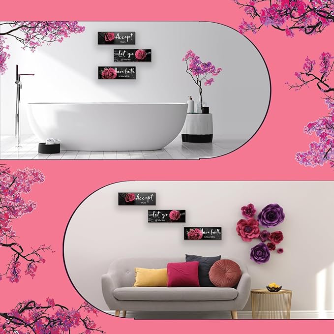 3 Pcs Pink Rose Bathroom Wall Decor Inspirational Wooden Wall Art Flower with Accept Let Go Have Faith Positive Quotes for Girl Women Bathroom Bedroom Living Room Office (Pink Rose 12 X 4 Inch)
