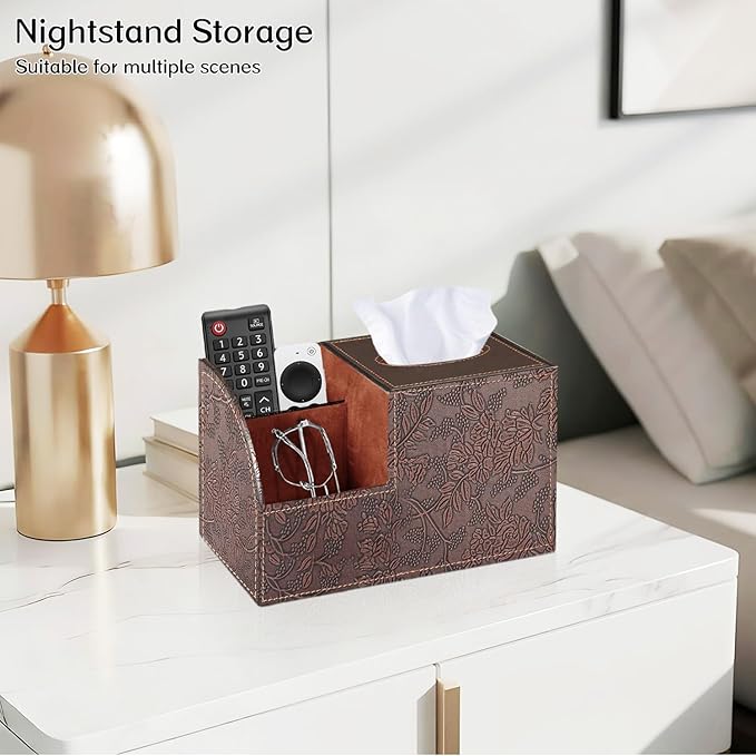 Fanousy Square Tissue Box Cover with Storage, PU Leather Cube Tissue Box Holder, Remote Control Nightstand Organizer, Modern Desk Caddy for End Table, Bathroom, Bedroom, Home, Office Decor