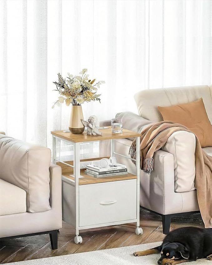 360° Swivel Nightstand with Height Adjustable, Lift Top Bedside Table with Charging Station, Rolling Night Stand with Fabric Drawer, End Table with Wheels, for Bedroom, Living Room, Natural White