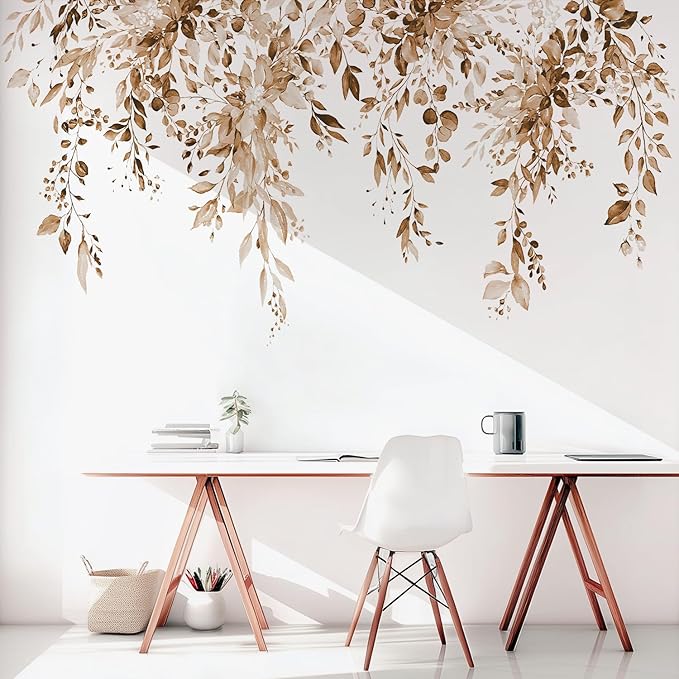 Brown Plants Leaves Wall Decals Peel and Stick, Large Floral Flowers Vinyl Wall Stickers, Removable Vine Home Decor Art for Bedroom Living Room Classroom Office