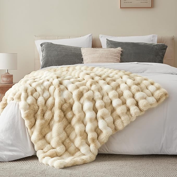 BEDELITE Faux Fur Throw Blanket for Couch, Decorative Tie-Dye Khaki Plush Bubble Blanket - Super Soft & Cozy Fluffy Faux Rabbit Fur Blanket for Women Gift, 60x80 Inches