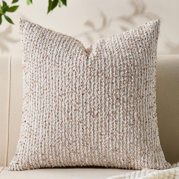 Allorry Decorative Couch Throw Pillow Covers 24x24 Beige Striped Soft Wool Pillow Covers Neutral Textured Boho Cushion Covers for Modern Farmhouse Sofa Bedroom Living Room Decor SY011-A24