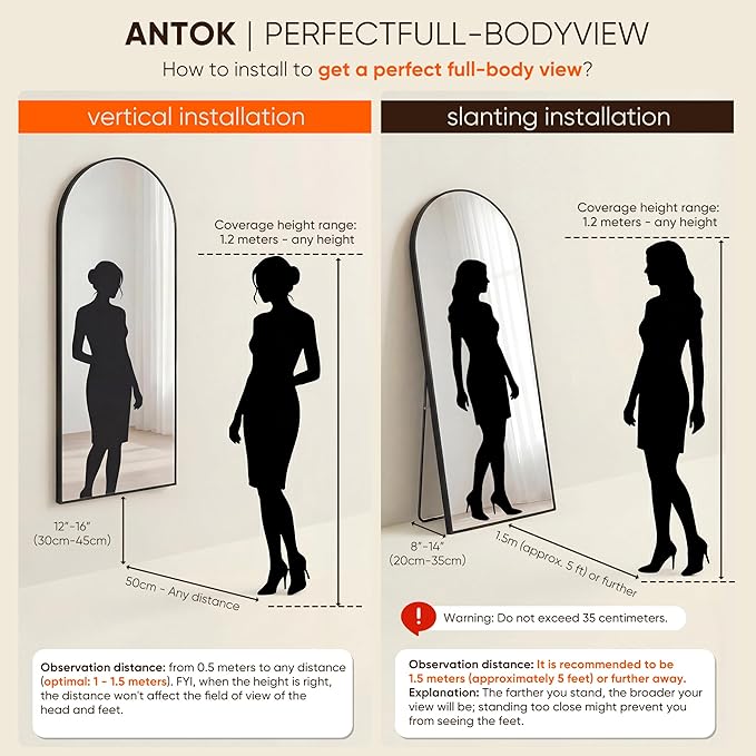 Antok 81" x41” Arched Full Length Floor Mirror, Black Aluminum Frame, Free Standing/Wall Mount/Leaning for Bedroom, Living Room, Dressing Room