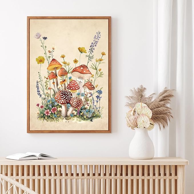 CHDITB Vintage Mushroom Framed Canvas Wall Art Set Of 3, Magic Mushrooms Wall Decor, Nature Botanical Floral Painting, Colorful Fungi Aesthetic Art Prints for Dining Room Bedroom Decor 12x16 inch