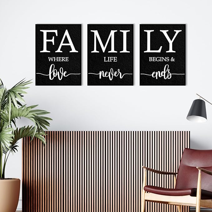 Family Where Life Begins And Love Never Ends Wall Art: 3 Piece Family Quotes Wall Art Prints Framed 12"x16",Love Signs Wall Decor Above Bed,Farmhouse Wall Decor for Living Room Dining Room
