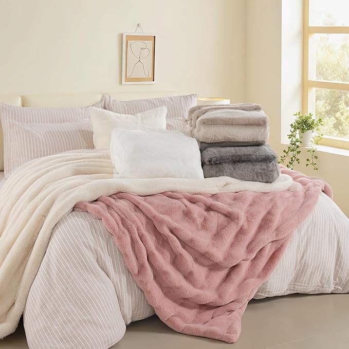NEXHOME PRO Faux Fur Throw Blanket Pink, Luxury Soft Decorative Cozy Plush Long Shaggy Fluffy Blanket for Sofa Couch Bed Living Room, Reversible Puffy Thick Warm Blanket for Winter, 50"X60"