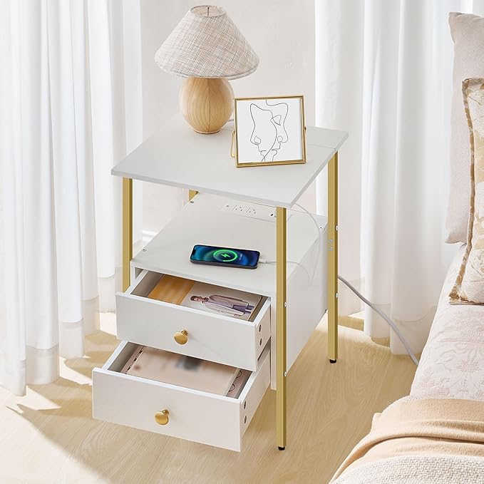 HOOBRO End Table with Charging Station, Bedside Table with 2 Drawer & USB Port & Type-C Port, Nightstand for Small Spaces, Stable and Sturdy, for Living Room, White and Gold DW43UBZ01