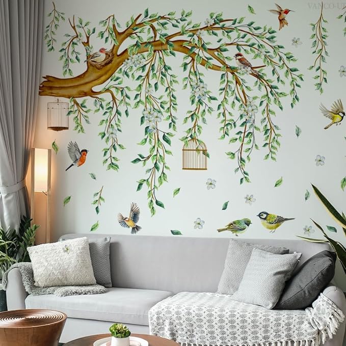 Large Green Tree Wall Decals, 4 Sheets Hanging Vine Tree Wall Decals Peel and Stick Waterproof Leaves Branch Wall Murals Decor for Living Room Bedroom (Green Vine, 11.8 * 35.4inch)
