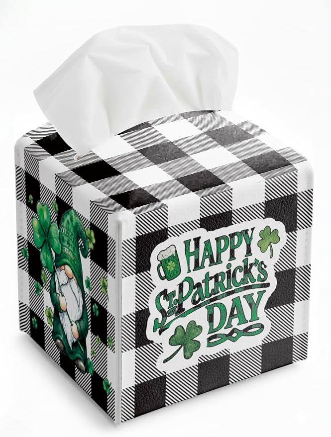 St.Patrick's Day Napkin Tissue Box Cover, Buffalo Plaid Gnome Waterproof Leather Paper Organizer Dispenser for Table Dining, Bathroom, Nightstand Vanity, Car, Housewarming Gift Ideas, G