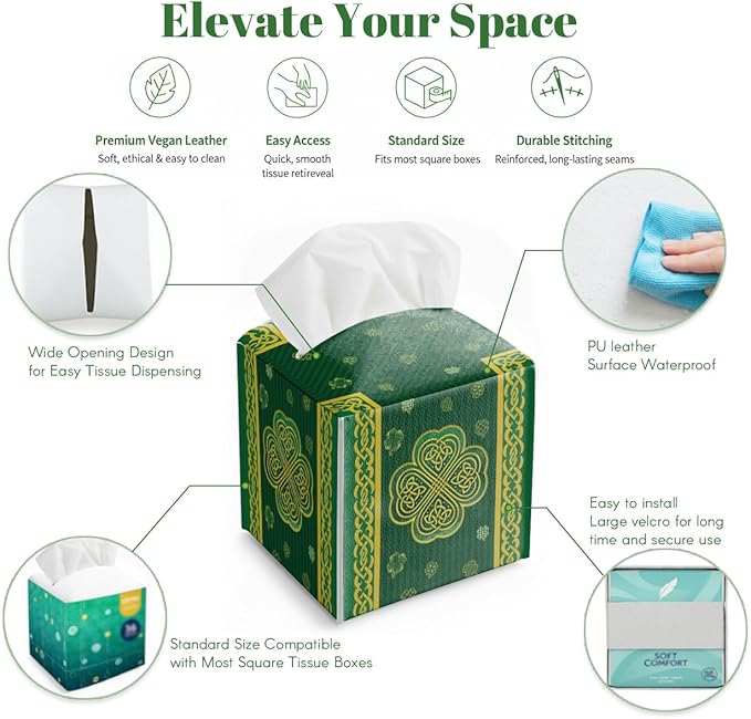 St.Patrick's Day Napkin Tissue Box Cover, Green Stripes Shamrock Waterproof Leather Paper Organizer Dispenser for Table Dining, Bathroom, Nightstand Vanity, Car, Housewarming Gift Ideas, F