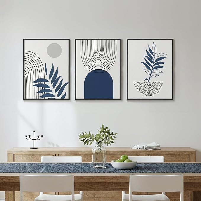 Framed Blue Boho Wall Art for Room Decor, 3 Piece Botanical Line Artwork for Walls, Mid Century Modern Blue Canvas Pictures Prints for Living Room Bedroom Hallway Office Apartment Wall Decor, 12x16 In