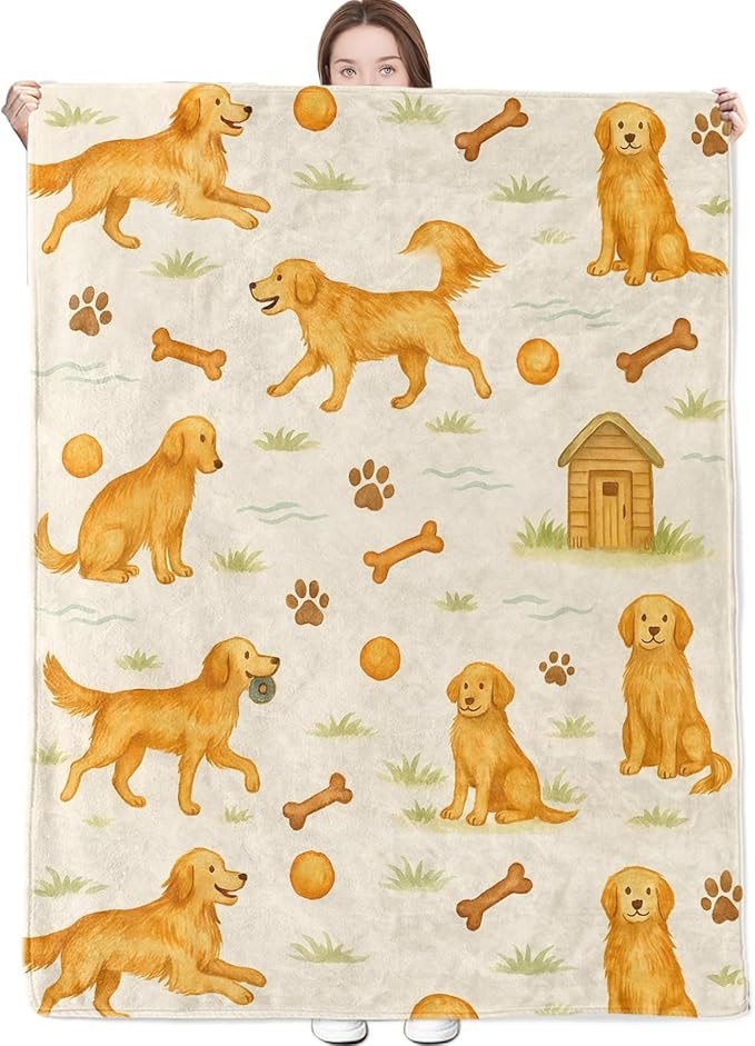 Golden Retriever Blanket Cute Dog with Bone,Ball,Paw Print and Kennel Throw Blankets Lightweight Flannel Throws for Camping Couch Chair Office Bed Home Decor Gifts for Pet Lover,60x50inch