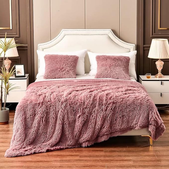 YUSOKI Pink Queen Faux Fur Winter Blanket,2 Layers,90"x90" Without Pillows Big Soft Plush Fuzzy Large Warm Fluffy Throw Blanket for Bed