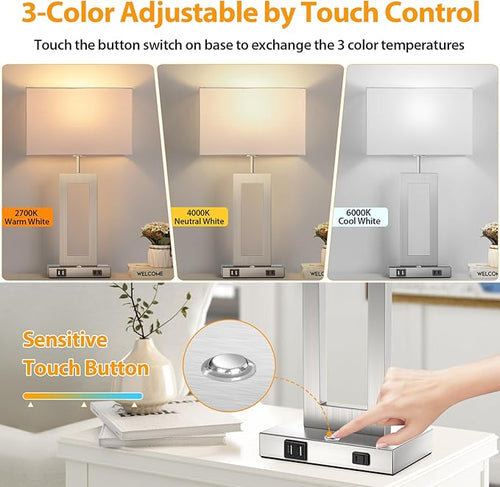 22’’ Touch Control Table Lamps Set of 2, 3 Color Temperatures Bedroom Bedside Lamps, Modern Silver Dimmable Lamps with USB Ports & AC Outlet, Tall Living Room Lamps for Nightstand End Table, 2 Bulbs
