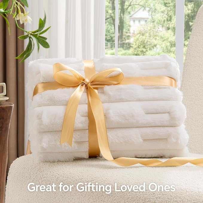 BEDELITE Faux Fur Cream Throw Blanket for Couch - Super Soft & Cozy Plush Striped Blanket for Sofa and Room Decor, Luxury Fluffy All-Season Blankets Gift for Women, Men, Mom, Dad, 50x60 inch, Cream