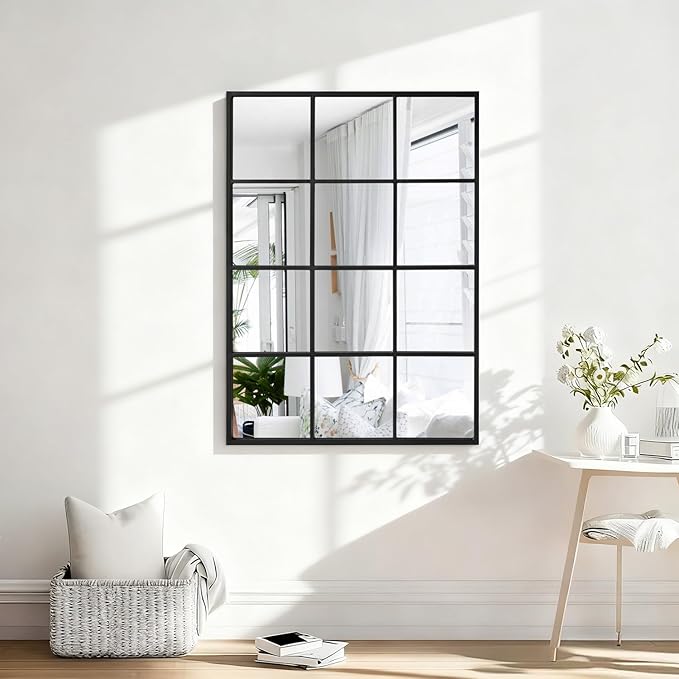 Large Black Rectangle Mirror, Metal Framed Wall Mounted Mirror Modern Artistic Decorative Mirrors for Living Room Bedroom Entryway, 24x35 Inch Decor