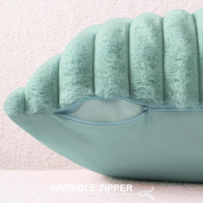 Pallene Faux Fur Plush Throw Pillow Covers 18x18 Set of 2, Luxury Soft Fluffy Striped Decorative Pillow Covers for Sofa, Couch, Living Room, Aqua