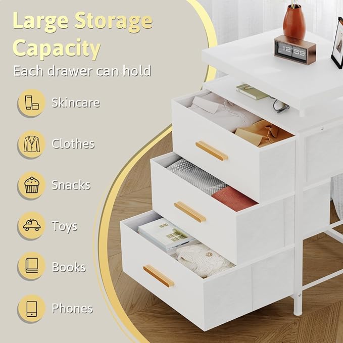 Nightstand with LED Lights, 3 Fabric Storage Drawers, Bedside Table with Floating Wood Top & PU Leather Fronts, Compact Modern End Table for Bedroom, Living Room or Dorm, White