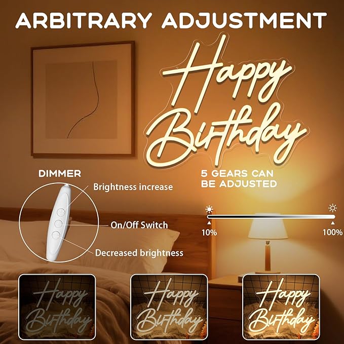 Happy Birthday Neon Sign for Wall Decor, Dimmable LED Happy Birthday Light Up Sign, Happy Birthday Sign for All Birthday Party Decoration Backdrop and Any Ages Bday Celebration, Warm White