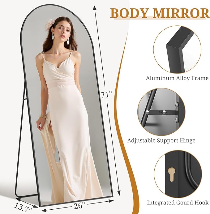 Full Length Mirror 71"x26" Full Body Mirror Arched Free Standing Wall Mounted Leaning Floor Mirrors with Stand Aluminum Alloy Frame for Bedroom Cloakroom, Black