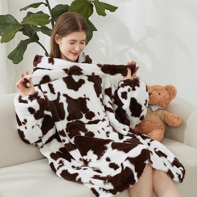 Softan Blanket Hoodie, Oversized Fleece Wearable Blankets for Women and Men Gifts, Cozy Warm and Soft Sweatshirt Blanket with Large Pocket, Brown Cow Print