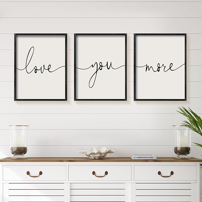 Heiple Love You More Sign Set of 3 Framed Above Bed Wall Decor Farmhouse Bedroom Decor Wood Art Rustic Master Bedroom Essentials Home Wall Decoration (Black, 16"x24")
