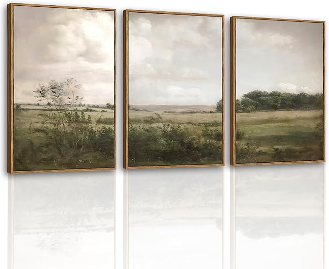 VIYYIEA Large Framed Canvas Wall Art, 3 Pcs,16x24inch, English Farm Landscape Decor for Living Dining Room Above of Bed, Vintage Nature Fields Scenery Neutral Decor, Set of 3
