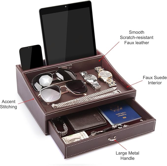 Baoyun Fathers Day Nightstand Organizer for Men, Mens Jewelry Box, Mens Dresser Organizer Countertop, Large Capacity Leather Valet Tray for Phones Pad Wallet Key Birthday Gifts for Men