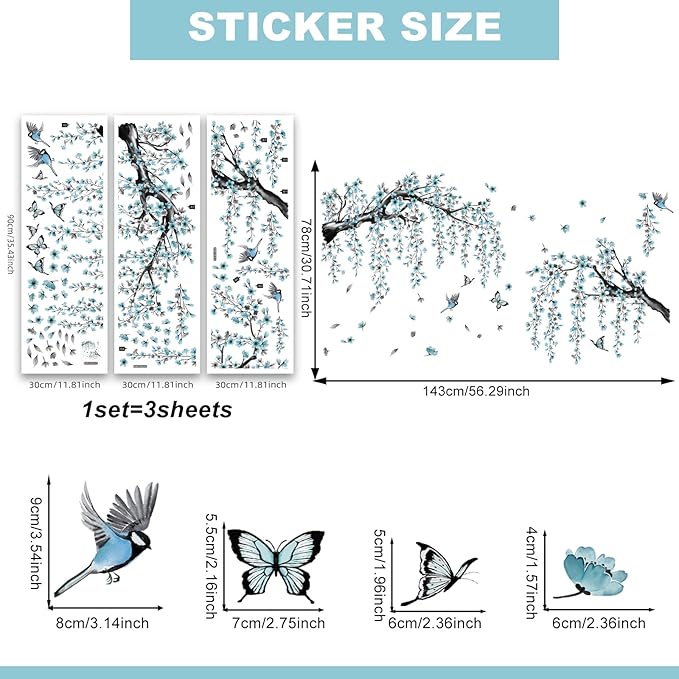 Blue Cherry Blossom Wall Stickers, Spring Watercolor Blue Flower Tree Wall Decals Bird Butterfly Peel and Stick Wall Murals Decor for TV Background Living Room Bedroom (Ink Blue)