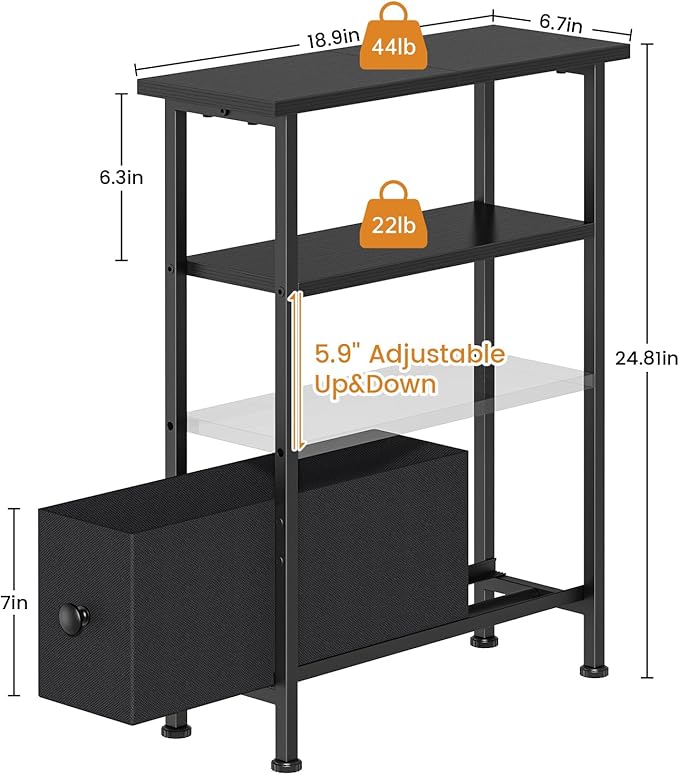 Narrow Small Side Table, End Table with 1 Fabric Drawer and Storage Shelf, 3-Tier Skinny Nightstand, Slim Bedside Table for Living Room, Bedroom, Black