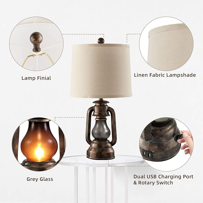 RORIANO Farmhouse Lantern Table Lamps for Living Room Set of 2, Vintage Bedroom Resin Lamp with Dual USB Charging Ports, Rustic Retro Bedside Nightstand Desk Lamp, 4 Bulb Included