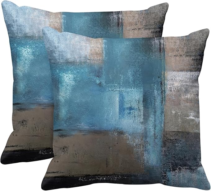 Britimes Throw Pillow Covers Modern Home Art Decor, 20 x 20 Inches Set of 2 Pillow Cases Decorative, Abstract Oil Painting Pillowcases for Bedroom, Living Room, Cushion Couch Sofa, Teal Grey