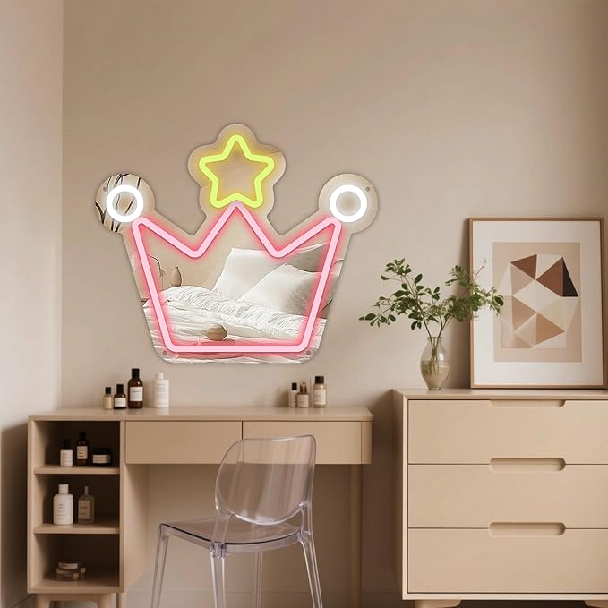 Moneter Anime Crown Mirror with Neon Signs, Wall Mount, Lighted & Neon Signs, Classic & Modern Style, 13.4 x 16 Inches