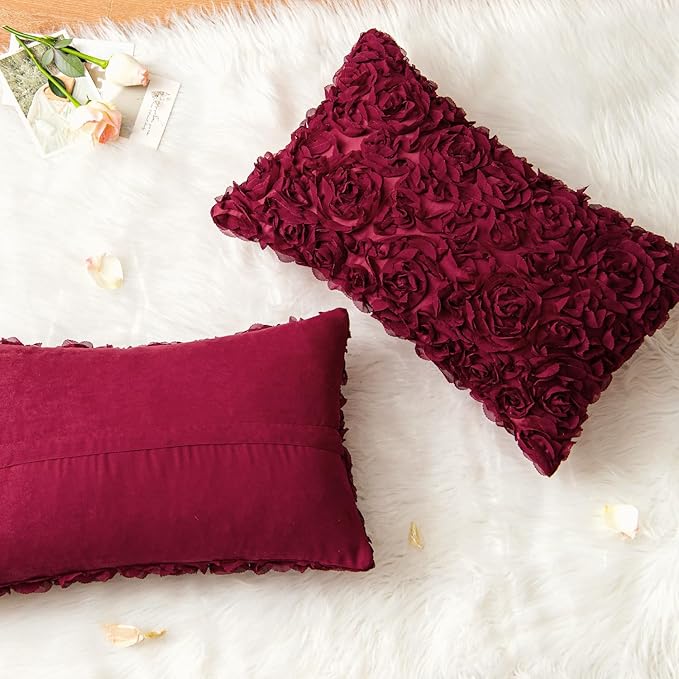 MIULEE 3D Rose Flower Pillow Cover Decorative Spring Floral Romantic Stereo Chiffon Aesthetic Solid Pillowcase for Girl Bedroom Living Room Decor 12x20 Inch Wine Red