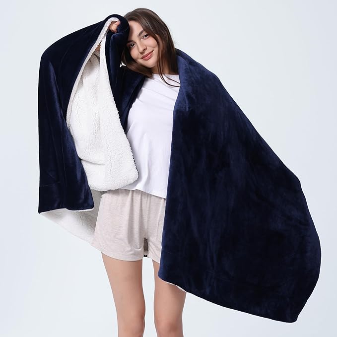 WDCOZY Sherpa Fleece Blankets Fuzzy Thick Warm Throw Blanket Super Soft Reversible Luxurious Fluffy Plush for Sofa Couch Bed Home Decor All Seasons Winter Blankets 108"x90" Navy Blue