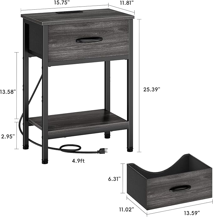 Vagusicc Nightstand Set of 2 with Charging Station, Bed Side Table with Fabric Drawer, Small End Table with 2-Tier Open Shelves, 25.4" Tall Night Stand Bedside Table for Bedroom Living Room, Black Oak