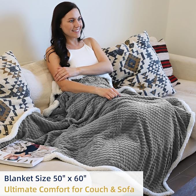 Catalonia Grey Sherpa Throws Blanket, Super Soft Comfy Fluffy Fuzzy Fleece Plush Blanket for Sofa Couch Bed Reversible All Season for Senior Adults, Chevron 50"x60"