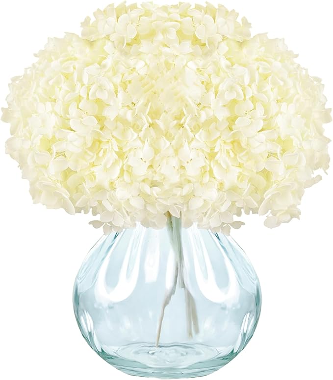 Creamy Ivory Hydrangea Dried Flowers in Glass Vase – Artificial Flowers in Vase for Home Decor, Hydrangeas Centerpiece for Dining Table, Coffee Table, Bathroom, Shelf & Bedroom –Floral Arrangements