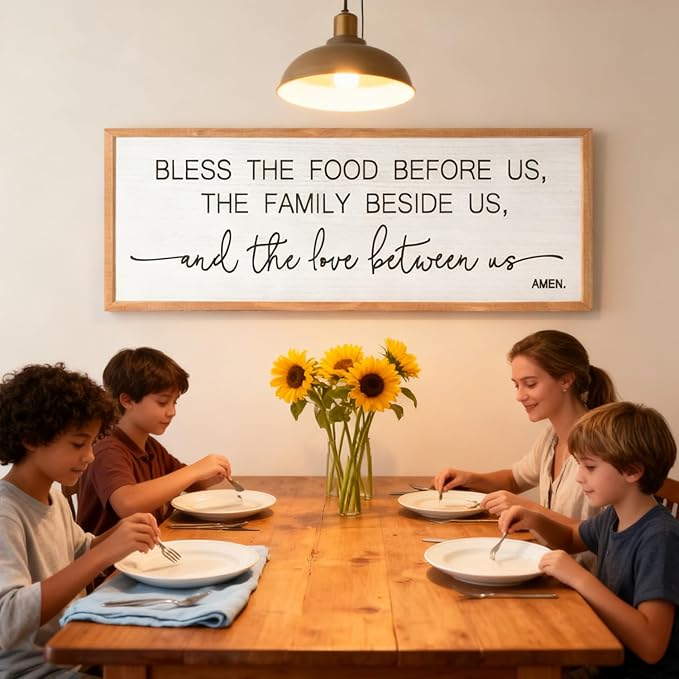 Bless the Food Before Us, the Family Beside Us, and the Love between us Framed Wall Art for Dining Room, 40''×15'' Rustic Holy Positive Religious Bible Verse for Christian God Jesus Christ Prayer