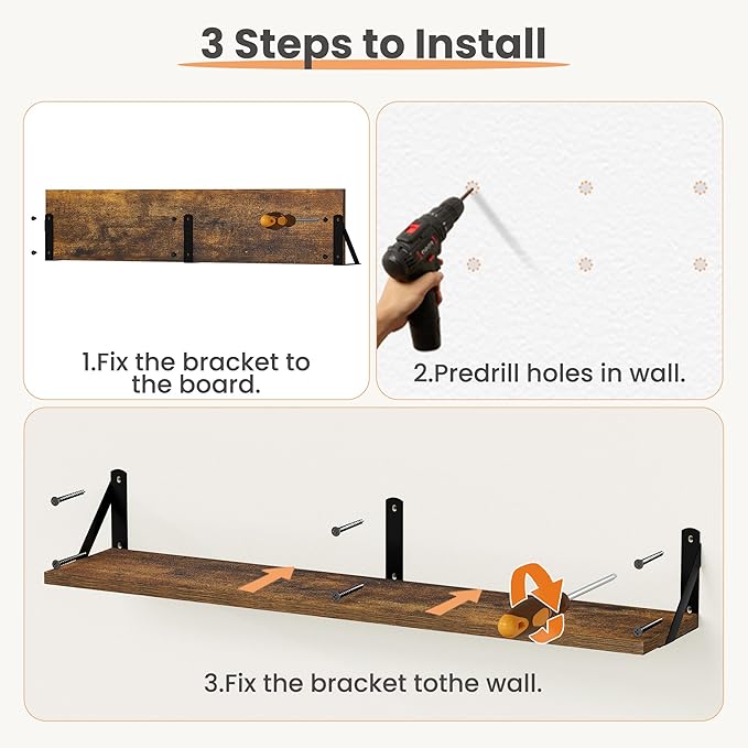 upsimples 35.4 Inches Floating Book Shelves for Wall, Long Floating Wood Shelves for Living Room, Library, Bedroom, Office Organizer and Storage, Brown
