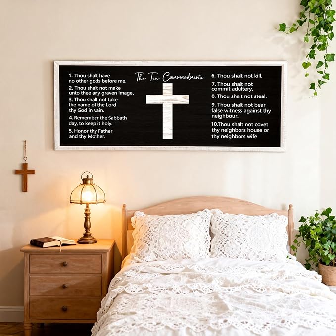 Ten Commandments Rustic Bible Verse Framed Wall Decor, 40" x 15", Religious Christian Slogan Representing a Prayer to God Jesus Christ, Vintage Horizontal Holy Inspirational Catholic Scripture Decor