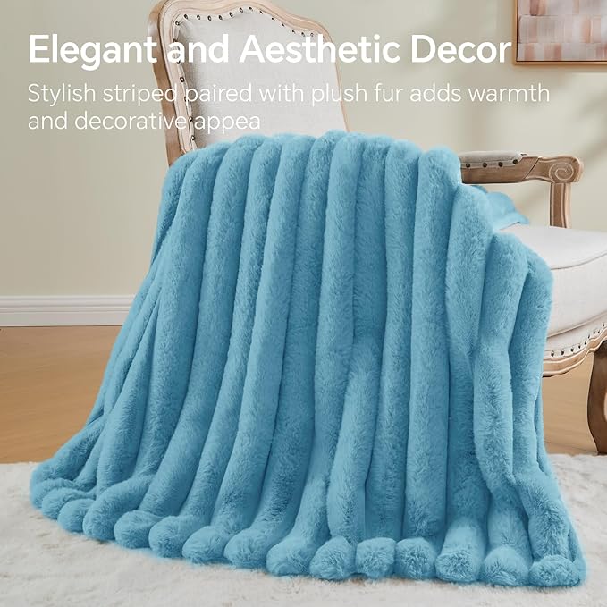 BEDELITE Faux Rabbit Fur Blanket, Luxurious 3D Striped Winter Blanket for Decor & Gift, Soft and Warm Plush Blue Fluffy Faux Fur Throw Blanket All Seasons Suitable, (Light Blue, 50"x 60")