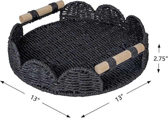 CubesLand Round Scalloped Decorative Centerpiece Tray for Coffee Table, Home Decor, Living Room - Black Tray w/Wooden Handle – Warm and Elegant for Holidays, Housewarmings - Candle Plate Holder