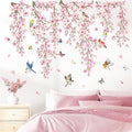 wondever Cherry Blossom Flower Vine Wall Stickers Pink Hanging Floral Tree Branch Birds Peel and Stick Wall Art Decals for Bedroom Living Room Sofa
