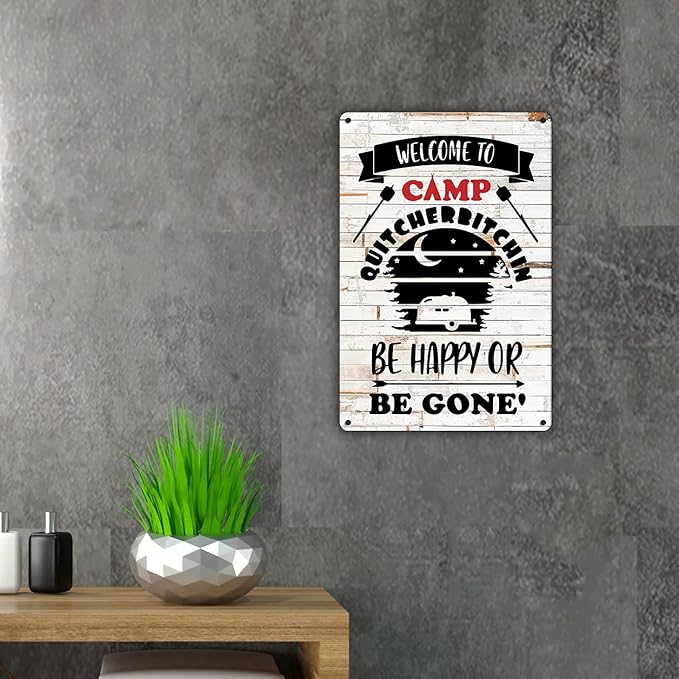 QIONGQI Funny Welcome to Camp Metal Tin Sign Wall Decor Farmhouse Rustic Camping Signs with Sayings for Home Camper Room Decor Gifts (Wooden Style)