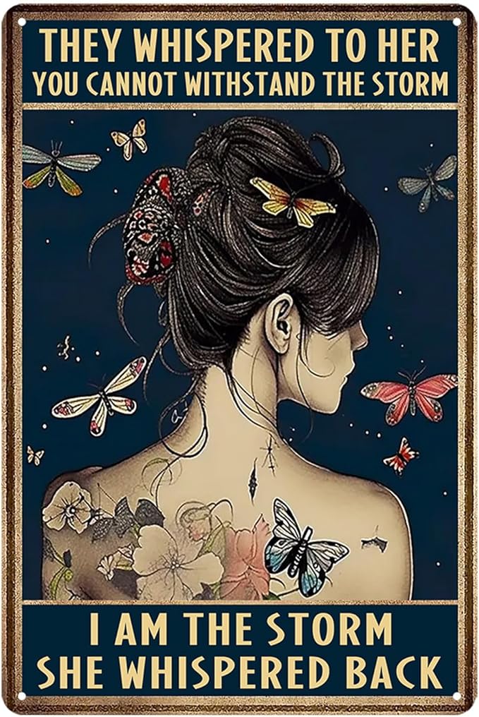 Motivational Wall Art Boho Wall Decor Inspirational Poster Vintage Metal Tin Sign Teen Girl Bedroom Decor Hippie Gifts For Women They Whispered To Her You Cannot Withstand The Storm Signs 12x8 Inch